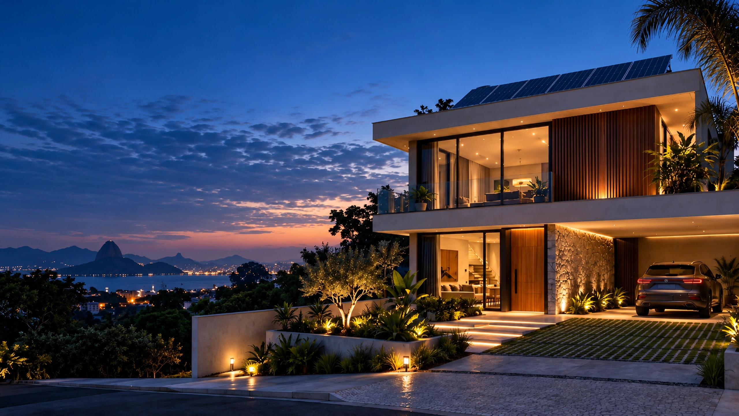 Residência contemporânea ao anoitecer, com iluminação arquitetural quente e painéis solares no telhado.